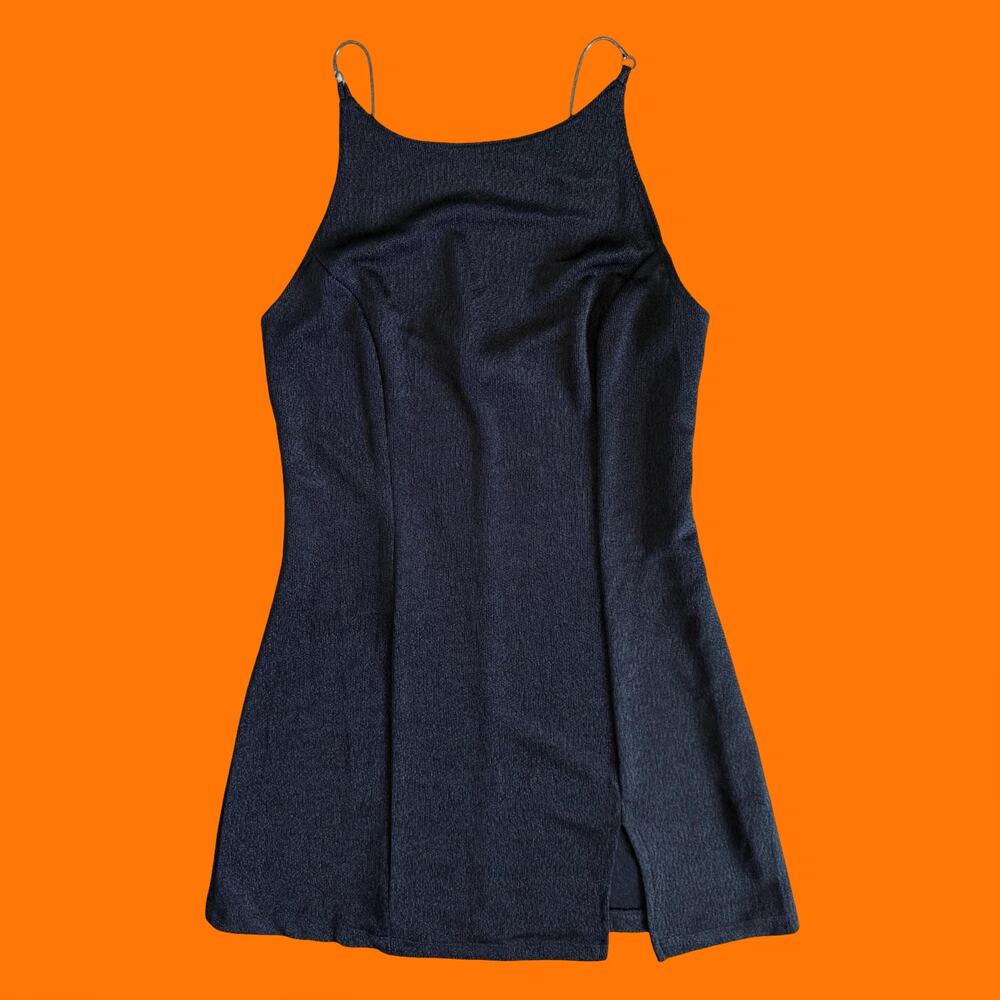 90's vintage black high neck metal spaghetti strap micro mini dress XS